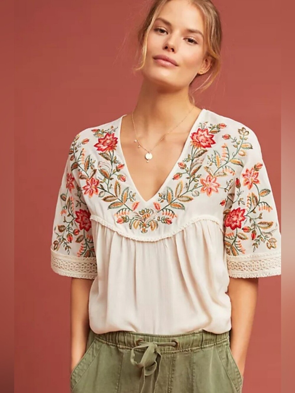 Ranna Gill Anthropologie Jumel Embroidered Top S Small Boho Floral Peasant Blous